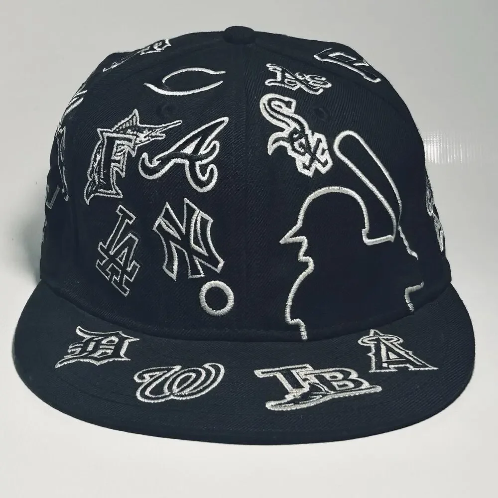 New Era 59FIFTY MLB All Over Team Logos Black Fitted Hat Size 7 1/4 58cm Cap